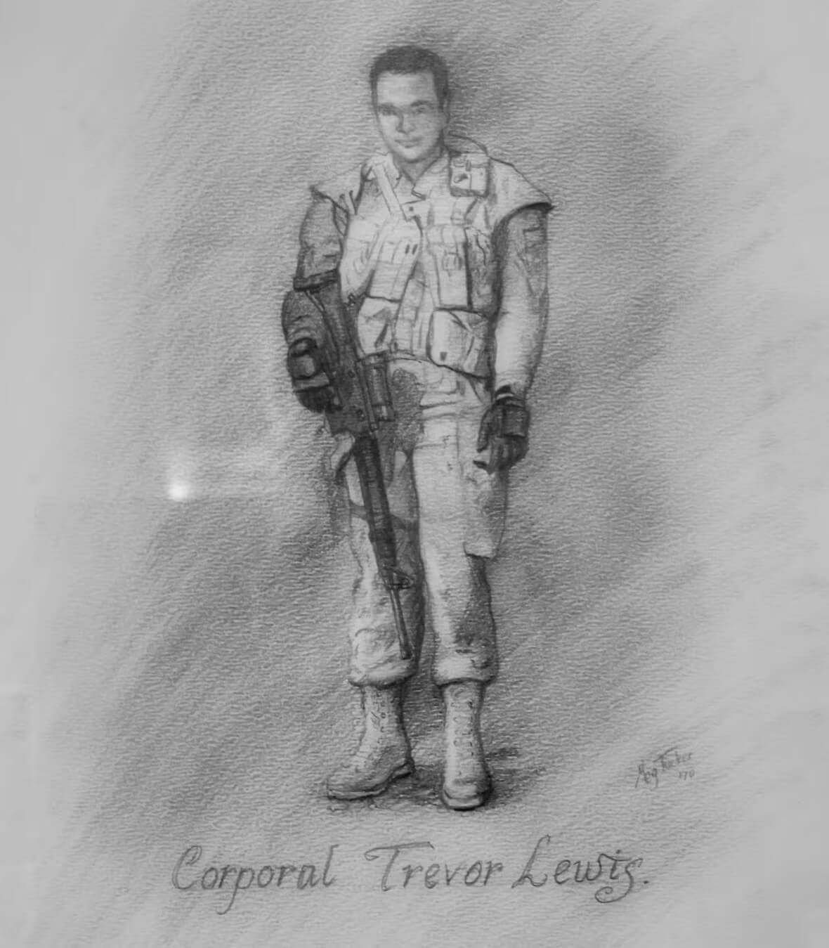 A sketch of Cpl Lewis in his army fatigues drawn by Meg Tucker, the mother of his sergeant.